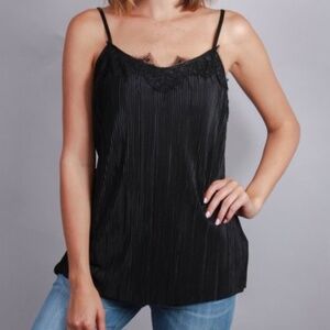 2/$12 Black Cami Crinkle Tank Top  with Lace  by Front of Closet  NWOT Sz M